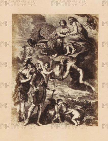 Photo reproduction of an engraving of The Showing of the Portrait of Maria de' Medici to King Henry IV by Jean-Marc Nattier, after the painting by Peter Paul Rubens, photograph, reproduction, page, photographer: Dechamps et Cie., after print by Jean-Marc Nattier, after painting by Peter Paul Rubens, c. 1859 - in or before c. 1864, Dechamps et Cie., Jean-Marc Nattier, Peter Paul Rubens, photographer, after print by, after painting by, paper, albumen print, height 203 mm x width 158 mm, Person, Maria de' Medici, Henry IV (King of France and Navarre), picture, painting, king, A sepia-toned engraving depicting a scene with multiple figures in a landscape. At the top two seated figures on a cloud draped in flowing robes face each other, a peacock with fanned plumage visible behind them and a large bird to the side. Below a winged male figure hovers while holding a framed portrait, with a small cherubic child reaching toward the picture. On the ground a man in ornate armor stands holding a s...