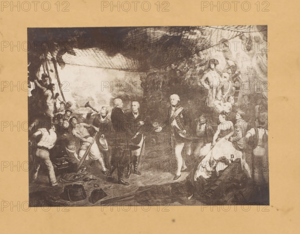 Reproduction of a painting of De Winter's surrender after the lost naval battle at Camperdown, reproduction, page, photomechanical print, after painting by anonymous, c. 1876 - in or before 1881, after painting by, paper, collotype, photoprint, height 164 mm x width 222 mm, Person, Adam Duncan (Viscount of Duncan), Jan Willem de Winter, historical persons, surrender, war (sailing-ships), Naval Battle at Camperdown, A faded monochrome print mounted on a tan background shows a crowded scene on a wooden deck beneath a hanging net, with groups of men and women in historical clothing. Sailors in loose shirts and breeches are clustered on the left, some holding ropes and a long wooden pole, while a man blows a horn. Central figures in darker formal coats stand conversing, one holding a hat and another gesturing with a hand. To the right a uniformed officer with a sash stands facing the group, surrounded by attendants and seated women in flowing gowns, one woman looking over her shoulder. The...
