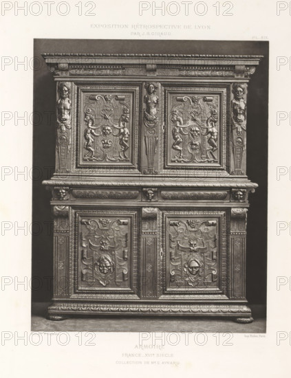 16th-century French wooden cabinet, at the Exposition Rétrospective of 1877 in Lyon, France, photomechanical print, This print is part of a cover with 79 prints on 54 sheets and 65 text sheets., inscription: 'ARMOIRE, FRANCE_XVIe SIÈCLE, COLLECTION DE Mr E. AYNARD.', number: 'PL. XIX.', inscription: 'EXPOSITION RÉTROSPECTIVE DE LYON, PAR JB GIRAUD.', photographer: Jacques Garcin, Lyon, clichémaker: Dujardin, printer (person): Imprimerie Eudes, Paris, 1877 - 1878, printer (person), paper, photoaquatint, height 463 mm x width 313 mm, ornamental cupboard (wood and other phytogenic material), A tall wooden cabinet with ornate carved panels fills the image, showing the upper and middle sections against a dark background; the top has a molded cornice with carved decorative bands and a central column featuring a carved female bust, flanked by two recessed square panels each with symmetrical reliefs of stylized foliage, playful putti, and a central grotesque mask, while the side pilasters disp...
