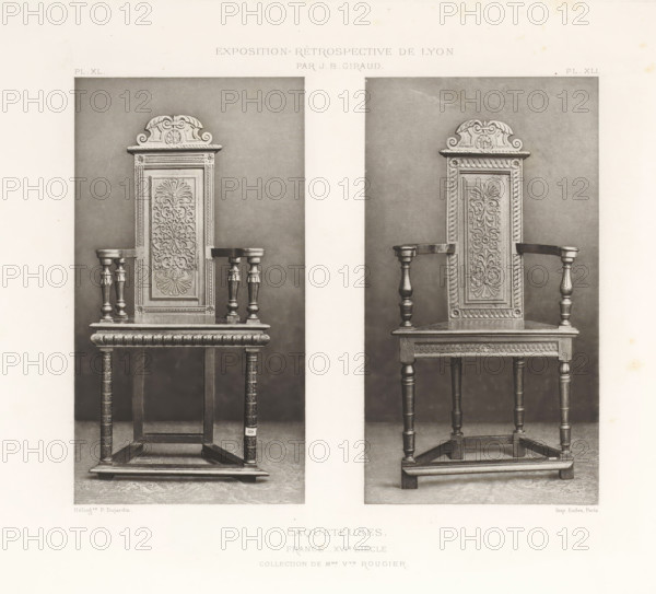 Two 16th-century French wooden chairs, at the Exposition Rétrospective of 1877 in Lyon, France, photomechanical print, These prints are part of a cover with 79 prints on 54 sheets and 65 text sheets., number: 'PL. XL.', inscription: 'CAQUETEUSES, FRANCE_XVIe SIÈCLE, COLLECTION DE Mme Vve ROUGIER.', inscription: 'EXPOSITION RÉTROSPECTIVE DE LYON, PAR JB GIRAUD.', number: 'PL. ', Two photographic panels showing ornate wooden chairs with carved high backs and armrests, each chair positioned against a plain darker backdrop framed by a lighter border; the chairs display symmetrical decorative motifs on their back panels and carved crest rails with scroll-like forms, turned front legs and square stretchers connecting the legs, flat seats, and small carved details along the apron and arm supports, all rendered in grayscale tones with visible wood grain and subtle lighting that emphasizes the relief carvings.