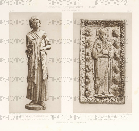 Sculpture of the Angel of the Annunciation and a sculpture of an Evangelist, at the Exposition Rétrospective of 1877 in Lyon, France, photomechanical print, These prints are part of a cover with 79 prints on 54 sheets and 65 text sheets., number: 'PL. V.', inscription: 'L'ANGE DE L'ANNONCIATION, ART FRANÇAIS_XIIIe SIÈCLE', inscription: 'EXPOSITION RÉTROSPECTIVE DE LYON, PAR JB GIRAUD.', inscription: 'PLAQUE D'ÉVANGELIAIRE, ART BYZANTIN_XIIe SIÈCLE.', inscription: 'COLLECTION DE Mr E. CHALANDON.', number: 'PL. VI.', photographer: Jacques Garcin, Lyon, cliché maker: Dujardin, printer (person): Imprimerie Eudes, Paris, 1877 - 1878, Jacques Garcin, Dujardin, Imprimerie Eudes, photographer, cliché maker, printer (person), paper, photoaquatint, height 313 mm x width 463 mm, piece of sculpture, reproduction of a piece of sculpture, the announcement of Christ's birth (Luke 1:26-38), evangelists, usually with books or scrolls (not in biblical context), A sepia-toned image shows two vertical rec...