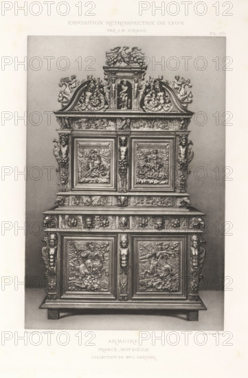 17th-century French wooden cabinet, at the Exposition Rétrospective of 1877 in Lyon, France, photomechanical print, This print is part of a cover with 79 prints on 54 sheets and 65 text sheets., number: 'PL. LVI.', inscription: 'EXPOSITION RÉTROSPECTIVE DE LYON, PAR JB GIRAUD.', inscription: 'ARMOIRE, FRANCE_XVIIe SIÈCLE, COLLECTION DE Mr C. SERVIER.', photographer: Jacques Garcin, Lyon, cliché maker: Dujardin, printer (person): Imprimerie Eudes, Paris, 1877 - 1878, printer (person), paper, photoaquatint, height 463 mm x width 313 mm, ornamental cupboard (wood and other phytogenic material), A tall ornate carved wooden cabinet fills the frame, with a multi-tiered structure topped by a sculptural crest featuring paired birds and a central alcove with a seated human figure; scrolling acanthus, winged figures, and reclining cherubic forms decorate the upper pediment. The front shows framed rectangular panels with high-relief scenes of figures and horses set within molded borders, flanked ...