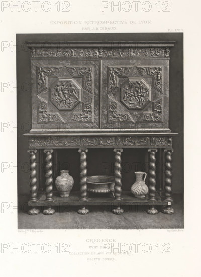 17th-century wooden sideboard, at the Exposition Rétrospective of 1877 in Lyon, France, photomechanical print, This print is part of a cover with 79 prints on 54 sheets and 65 text sheets., number: 'PL. LVIII.', inscription: 'CRÉDENCE, XVIIe SIÈCLE, COLLECTION DE Mme Vve ROUGIER, OBJETS DIVERS.', inscription: 'EXPOSITION RÉTROSPECTIVE DE LYON, PAR JB GIRAUD.', photographer: Jacques Garcin, Lyon, cliché maker: Dujardin, printer (person): Imprimerie Eudes, Paris, 1877 - 1878, printer (person), paper, photoaquatint, height 463 mm x width 313 mm, ornamental cupboard (wood and other phytogenic material), A detailed black and white photograph of an ornate wooden cabinet with two carved doors set on a turned-column stand, the cabinet doors each featuring a central octagonal panel with high-relief figurative scenes surrounded by geometric and foliate carvings, a carved frieze along the top with reclining figures and decorative motifs, a molded cornice and a carved apron above the stand, the st...