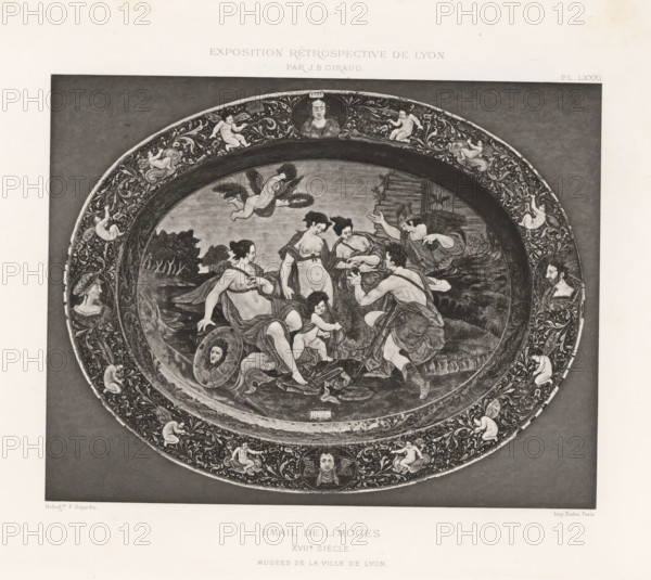 17th-century enamel sign, at the Exposition Rétrospective of 1877 in Lyon, France, photomechanical print, This print is part of a cover with 79 prints on 54 sheets and 65 text sheets., inscription: 'EMAIL DE LIMOGES, XVIIe SIÈCLE, MUSÉES DE LA VILLE DE LYON.', inscription: 'EXPOSITION RÉTROSPECTIVE DE LYON, PAR JB GIRAUD.', number: 'PL. LXXXI.', photographer: Jacques Garcin, Lyon, cliché maker: Dujardin, printer (person): Imprimerie Eudes, Paris, 1877 - 1878, printer (person), paper, photoaquatint, height 313 mm x width 463 mm, dish, plate, saucer, A photographic reproduction of a circular decorative plate shown against a dark rectangular backdrop, the plate featuring a central scene with classical figures and putti arranged around a landscape, a ring of ornate scrolling foliage and reclining cherubic figures encircling the scene, individual portrait medallions integrated into the rim, and a narrow outer border; the image is framed by a wide light margin.