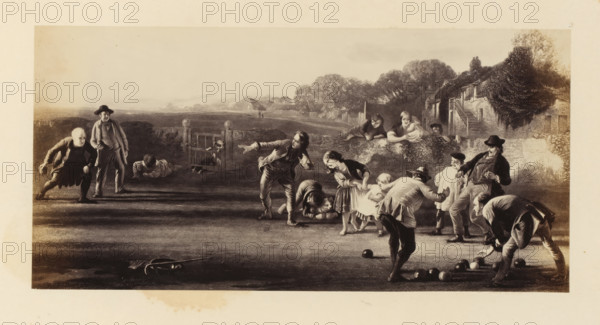 Photo reproduction of an engraving of Village Bowlers, after the painting by Sir George Harvey, photograph, reproduction, page, photographer: Thomas Annan, after print by William Henry Simmons, after painting by George Harvey (Sir), c. 1865 - in or before c. 1870, William Henry Simmons, after print by, paper, albumen print, height 123 mm x width 251 mm, bowling, A sepia-toned scene of people gathered outdoors on a grassy area in front of a low stone wall and a gate, with trees and cottage buildings in the background; several men are in active poses bending and reaching toward clusters of round balls on the ground, one man leans forward to roll a ball while another crouches nearby, two boys and a little girl stand close together observing, a man with outstretched arm gestures toward the play, a man sits or kneels on the ground with his head resting on his hands, and other onlookers stand or lean against the wall, including a woman holding an infant and a dog visible near the gate.