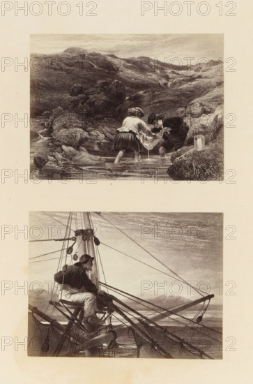 Two photo reproductions of engravings of scenes from Auld Lang Syne, after paintings by Sir George Harvey, photograph, reproduction, page, photographer: Thomas Annan, after print by Lumb Stocks, after painting by George Harvey (Sir), c. 1865 - in or before c. 1870, Lumb Stocks, after print by, paper, albumen print, height 431 mm x width 347 mm, fishing net (children (labourers)), sailing-ship, sailing-boat (one person, traffic and transport), A vertically oriented sheet shows two engraved scenes separated by blank space; the top scene depicts a shallow stream flowing through a rocky, grassy landscape with low rolling hills in the background and a cloudy sky, two children standing in the water facing each other while holding a piece of cloth between them, one child wearing a short skirt and the other wearing darker clothing and a cap, a metal pail resting on the grassy bank nearby; the lower scene shows a man seated high on a ship's rigging next to a mast, gripping ropes and looking out...