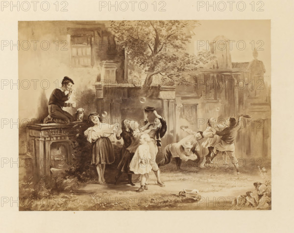 Photo reproduction of a sketch of Blowing Bubbles. The Past and the Present by Sir George Harvey, photograph, reproduction, page, photographer: Thomas Annan, after design by George Harvey (Sir), c. 1865 - in or before c. 1870, paper, albumen print, height 159 mm x width 212 mm, bubble-blowing (children's games and plays), A sepia-toned illustration shows a group of children gathered in an outdoor courtyard with architectural ruins and a tree in the background. A boy kneels on a stone ledge blowing bubbles from a pipe while a small dog sits beside him. Several children stand nearby watching and reaching for the floating bubbles, one girl holding a cloth and smiling, another child holding a hat up toward a bubble. Other children are shown in playful poses, one bending forward and another leaning back with arms outstretched. Stone columns, carved masonry, and a weathered wall frame the scene, and a toy cart lies on the grass in the foreground.