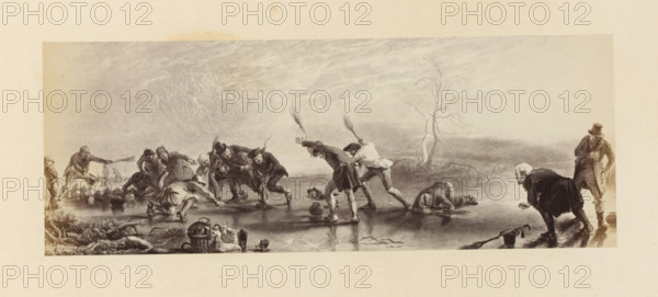 Photo reproduction of an engraving by Curlers, after the painting by Sir George Harvey, photograph, reproduction, page, photographer: Thomas Annan, after print by William Howison, after painting by George Harvey (Sir), c. 1865 - in or before c. 1870, William Howison, after print by, paper, albumen print, height 93 mm x width 250 mm, winter sports, A wide monochrome scene shows a frozen pond with many people on the ice in various poses; some are leaning forward with arms outstretched and sticks or brooms raised, one person lies face down on the ice near the right side, and another kneels nearby peering closely at the surface. A small dog stands on the ice near the center, and several earthenware pots and wicker baskets sit at the pond edge in the foreground. To the left, a cluster of figures bend and reach toward objects on the ice while a man holds a hat and a small container, and to the right two men stand at the shore, one wearing a top hat and coat. A bare, leafless tree rises from ...