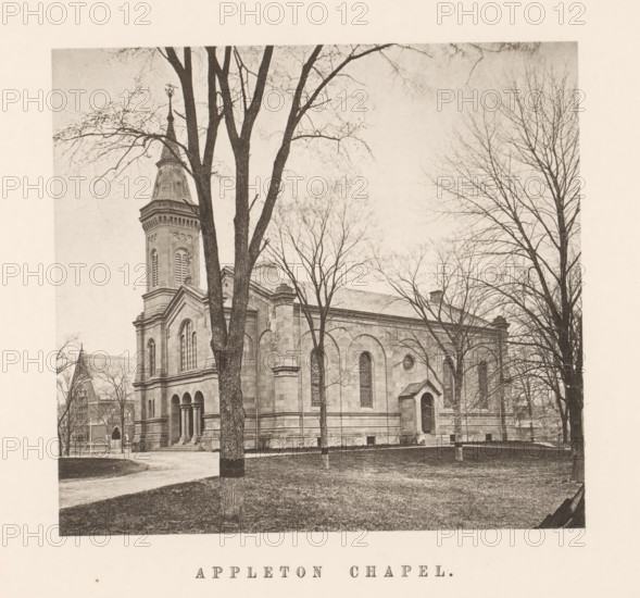 View of the Appleton Chapel of Harvard University, Appleton Chapel, page, photomechanical print, c. 1870 - in or before 1875, paper, collotype, photoprint, height 153 mm x width 165 mm, university building, college, North America, Massachusetts, Cambridge (MA), Harvard College, A sepia-toned photograph of a stone chapel with arched windows and a tall steeple partially obscured by leafless trees in the foreground, tree trunks and bare branches framing the building, a grassy lawn and a dirt path leading toward the chapel entrance, architectural details on the chapel facade including columns, cornices, and decorative stonework, and additional trees and parts of nearby buildings visible around the chapel.