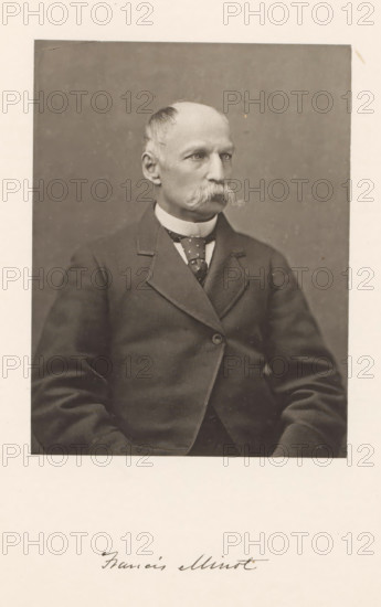 Portrait of Francis Minot, Francis Minot, page, photomechanical print, c. 1870 - in or before 1875, paper, collotype, photoprint, height 148 mm x width 114 mm, Person, historical persons, physician, doctor, professor, A sepia-toned portrait of an older man seated, shown from the torso upward, wearing a dark suit jacket with a buttoned front and a collared shirt with a patterned tie; he has a bald head with hair at the sides, a prominent bushy mustache, and a neutral expression while looking slightly to his right, against a plain dark background with a light margin around the photograph.