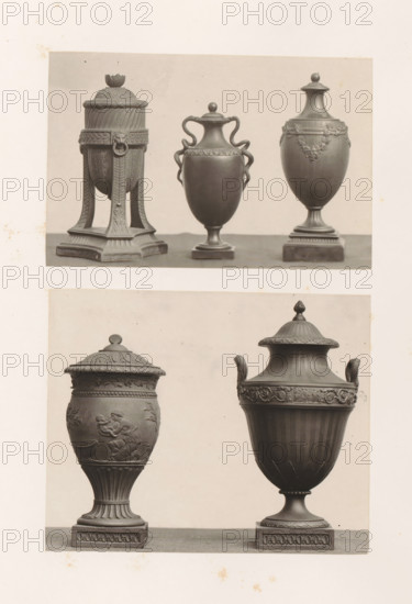 Five decorated vases, photograph, page, photographer: Joseph Cundall, c. 1868 - in or before 1873, paper, carbon print, height 361 mm x width 270 mm, sculpture (relief, sculpture), container of stone: stone vase, A photographic sheet showing two horizontal rows of classical urns and vases photographed against a plain light background, with three urns in the top row and two larger urns in the bottom row, each urn shown from the front. The top left urn has a tall covered body supported by a square pedestal with four ornate legs, a domed lid topped with a floral finial, and carved decorative bands and a lion-head ring detail. The top center urn is a slender covered vessel with a rounded body, a small stepped base, a lid with a rounded knob, and two sinuous handles that curve from the neck to the shoulder with a decorative band below the rim. The top right urn is an elongated covered vase on a square base with a flared neck, a domed lid topped with a small round finial, and a garland motif...