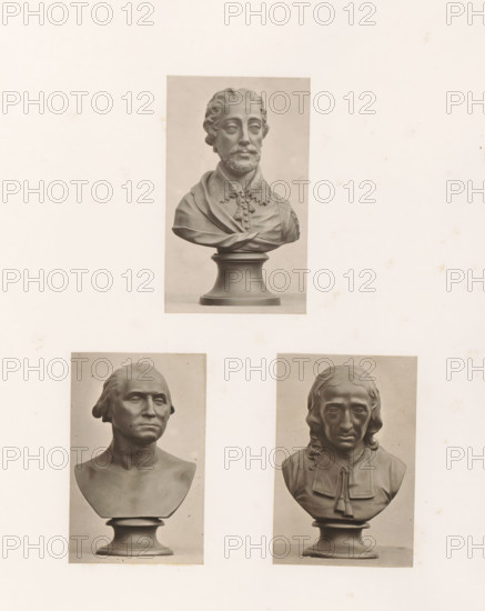 Busts of George Washington, John Milton and Edmund Spenser, photograph, page, photographer: Joseph Cundall, c. 1868 - in or before 1873, paper, carbon print, height 361 mm x width 270 mm, Person, George Washington, John Milton, Edmund Spenser, chest, bust, writer, poet, author, president, head of republic, A vertical arrangement of three grayscale photographs of classical bust sculptures mounted on a light background, with a bust of a bearded man wearing a draped garment and ornate collar centered at the top on a rounded pedestal, and two busts below side by side each on pedestals: the left lower bust showing a clean-shaven man with short hair and a square-topped chest plinth, and the right lower bust showing a longer-haired man with a garment featuring a tasseled collar.