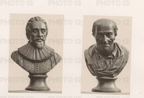 Busts of Voltaire and Hugo Grotius, photograph, page, photographer: Joseph Cundall, c. 1868 - in or before 1873, paper, carbon print, height 361 mm x width 270 mm, Person, Hugo de Groot, Voltaire, chest, bust, writer, poet, author, lawyer, attorney at law, Two grayscale photographic prints of sculpted busts mounted on a light background, positioned side by side. The left bust depicts a man with styled hair, a mustache and pointed beard, wearing a high, pleated ruff collar and a decorated garment with raised buttons, mounted on a rounded pedestal. The right bust shows an older man with a receding hairline, visible forehead wrinkles and pronounced cheek lines, wearing a loosely draped garment with textured folds and a rounded pedestal base.