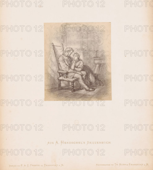 Photo reproduction of a sketch of a couple in love by Albert Hendschel, From A. Hendschel's Sketchbook, photograph, reproduction, This photo is part of a cover with 50 photos on 48 sheets, a list of images and a title page., monogram: 'AH', number: '12', photographer: Theodor Huth, after design by Albert Hendschel, publisher: Ferdinand August Christian Prestel, Frankfurt am Main, c. 1865 - in or before c. 1870, Theodor Huth, Albert Hendschel, Ferdinand August Christian Prestel, photographer, after design by, publisher, Hesse, paper, albumen print, height 118 mm x width 101 mm, couple of lovers, A rectangular pencil sketch centered on a wide blank page shows a seated man in a high-backed carved chair and a woman leaning against him on the floor; the man wears loose clothing and rests one arm on the chair while the woman rests her head on her hand and looks upward; behind them are faintly rendered interior elements including a tall piece of furniture, a small table, and a candlestick; th...