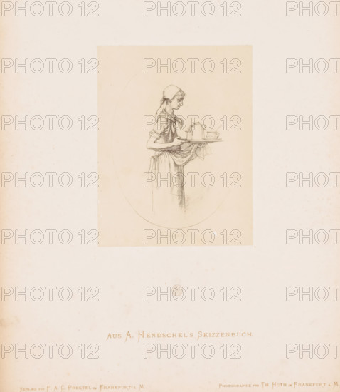 Photo reproduction of a sketch of a maid with a tray of coffee by Albert Hendschel, Aus A. Hendschel's Skizzenbuch, photograph, reproduction, This photo is part of a cover with 50 photos on 48 sheets, a list of images and a title page., number: '13', monogram: 'AH', photographer: Theodor Huth, after design by Albert Hendschel, publisher: Ferdinand August Christian Prestel, Frankfurt am Main, c. 1865 - in or before c. 1870, Theodor Huth, Albert Hendschel, Ferdinand August Christian Prestel, photographer, after design by, publisher, Hessen, paper, albumen print, albumendruk, height 133 mm x width 102 mm, kitchen-maid, kitchen servant, coffee-pot, A pencil sketch of a young woman in profile facing right, wearing a headscarf and a dress with rolled sleeves, holding a tray with a teapot and a cup and saucer, the figure drawn within an oval on a rectangular sheet of aged paper mounted on a larger sheet with a circular seal below.