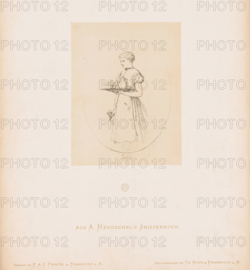 Photo reproduction of a sketch of a maid with a tray of coffee by Albert Hendschel, Aus A. Hendschel's Skizzenbuch, photograph, reproduction, This photo is part of a cover with 50 photos on 48 sheets, a list of images and a title page., monogram: 'AH', number: '14', photographer: Theodor Huth, after design by Albert Hendschel, publisher: Ferdinand August Christian Prestel, Frankfurt am Main, c. 1865 - in or before c. 1870, Theodor Huth, Albert Hendschel, Ferdinand August Christian Prestel, photographer, after design by, publisher, Hessen, paper, albumen print, albumendruk, height 133 mm x width 102 mm, kitchen-maid, kitchen servant, coffee-pot, A sepia-toned sketch of a young woman in profile holding a tray with a teapot and cups is centered within an oval on a lighter background; she wears a short-sleeved dress with an apron and her hair is styled short and curly, one hand supporting the tray at waist height while the other hand hangs down holding a folded cloth, and faint circular an...