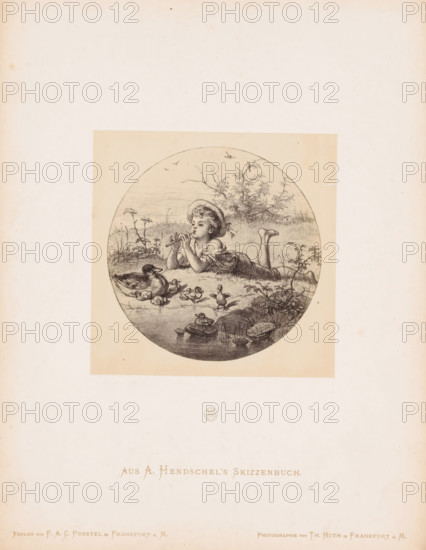 Photo reproduction of a reclining child playing a flute by Albert Hendschel, From A. Hendschel's Skizzenbuch, photograph, reproduction, This photo is part of a cover with 50 photos on 48 sheets, a list of illustrations and a title page., number: '22', monogram: 'AH', photographer: Theodor Huth, after design by Albert Hendschel, publisher: Ferdinand August Christian Prestel, Frankfurt am Main, c. 1865 - in or before c. 1870, Theodor Huth, Albert Hendschel, Ferdinand August Christian Prestel, photographer, after design by, publisher, Hessen, paper, albumen print, height 131 mm x width 131 mm, child, lying figure, one person playing wind instrument - CC - out of doors, A circular pencil illustration centered on a rectangular sheet shows a child lying on their stomach in grass wearing a hat and simple clothing, holding a small flute or pipe to their mouth; nearby a duck and several ducklings are on the ground and in shallow water beside stones and aquatic plants; the background features bu...
