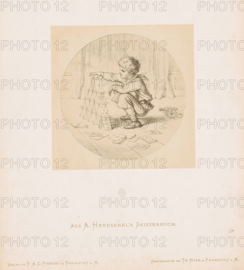 Photo reproduction of a boy building a house of cards by Albert Hendschel, Aus A. Hendschel's Skizzenbuch, photograph, reproduction, This photo is part of a cover with 50 photos on 48 sheets, a list of images and a title page., number: '23', monogram: 'AH', photographer: Theodor Huth, after design by Albert Hendschel, publisher: Ferdinand August Christian Prestel, Frankfurt am Main, c. 1865 - in or before c. 1870, Theodor Huth, Albert Hendschel, Ferdinand August Christian Prestel, photographer, after design by, publisher, Hessen, paper, albumen print, albumendruk, height 132 mm x width 130 mm, boy (child between toddler and youth), playing-cards, A circular pencil drawing shows a young child crouching on a floor while building a tower of playing cards, the child reaching to place a card on top and wearing a tunic with a scarf tied at the neck and ankle-high shoes, with scattered cards lying on the floor nearby and a small wheeled toy behind the child, all set against a backdrop of drap...