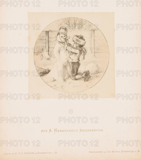 Photo reproduction of a sketch of a boy making a snowman, by Albert Hendschel, Aus A. Hendschel's Skizzenbuch, photograph, reproduction, This photo is part of a cover with 50 photos on 48 sheets, a list of images and a title page., monogram: 'AH', number: '26', photographer: Theodor Huth, after design by Albert Hendschel, publisher: Ferdinand August Christian Prestel, Frankfurt am Main, c. 1865 - in or before c. 1870, Theodor Huth, Albert Hendschel, Ferdinand August Christian Prestel, photographer, after design by, publisher, Hessen, paper, albumen print, albumendruk, height 134 mm x width 135 mm, toddler (male), (making a) snowman, A circular pencil drawing centered on a pale rectangular sheet shows a child kneeling in snow facing a snowman; the child wears a fur hat with a ribbon, a jacket with a scarf tied at the back, and boots, and reaches up to adjust the snowman's face while the snowman has a bucket on its head and a carrot nose; behind them is a wooden fence with bare tree bran...
