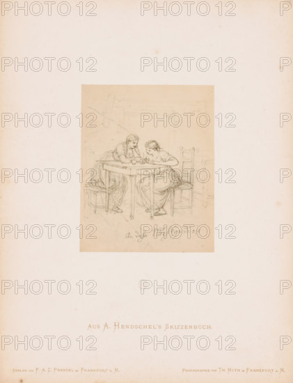 Photo reproduction of a sketch of two women at a table writing a letter, by Albert Hendschel, Aus A. Hendschel's Skizzenbuch, photograph, reproduction, This photo is part of a cover with 50 photos on 48 sheets, a list of images and a title page., number: '30', monogram: 'AH', photographer: Theodor Huth, after design by Albert Hendschel, publisher: Ferdinand August Christian Prestel, Frankfurt am Main, c. 1865 - in or before c. 1870, Theodor Huth, Albert Hendschel, Ferdinand August Christian Prestel, photographer, after design by, publisher, Hessen, paper, albumen print, height 130 mm x width 104 mm, handwriting, writing as activity, adolescent, young woman, maiden (two persons), A sepia-toned pencil sketch mounted on a pale sheet shows two seated women leaning over a rectangular wooden table, one woman resting her elbow on the table and the other leaning forward with hands near a small object on the tabletop, both wearing long dresses and hair pulled back; the table has simple legs and...