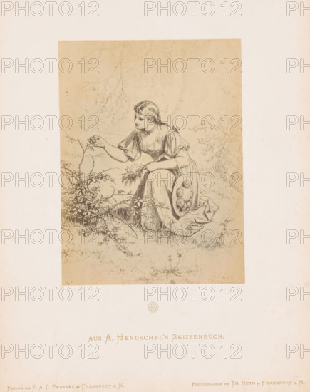 Photo reproduction of a sketch of a girl picking flowers by Albert Hendschel, Aus A. Hendschel's Skizzenbuch, photograph, reproduction, This photo is part of a cover with 50 photos on 48 sheets, a list of images and a title page., monogram: 'AH', number: '3', photographer: Theodor Huth, after design by Albert Hendschel, publisher: Ferdinand August Christian Prestel, Frankfurt am Main, c. 1865 - in or before c. 1870, Theodor Huth, Albert Hendschel, Ferdinand August Christian Prestel, photographer, after design by, publisher, Hessen, paper, albumen print, albumendruk, height 174 mm x width 130 mm, adolescent, young woman, maiden, picking flowers, A sepia-toned drawing of a young woman kneeling on grass beside leafy plants, wearing a dress with puffed sleeves and holding a woven hat filled with round objects at her side, her hair braided and tied, one hand extended toward a small stem while the other holds a bunch of foliage, with faint outlines of trees and branches in the background.