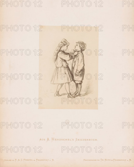 Photo reproduction of a sketch of two children by Albert Hendschel, From A. Hendschel's Sketchbook, photograph, reproduction, This photo is part of a cover with 50 photos on 48 sheets, a list of images and a title page., number: '33', monogram: 'AH', photographer: Theodor Huth, after design by Albert Hendschel, publisher: Ferdinand August Christian Prestel, Frankfurt am Main, c. 1865 - in or before c. 1870, Theodor Huth, Albert Hendschel, Ferdinand August Christian Prestel, photographer, after design by, publisher, Hesse, paper, albumen print, height 137 mm x width 98 mm, child (two persons), A centered sepia-toned illustration shows two children standing facing each other on a pale background; the child on the left wears a dress with a fitted jacket, long hair, and a fur hat, and is reaching toward the other child's collar with both hands, while the child on the right wears a long coat, a small hat with a ribbon, striped stockings, and shoes, standing upright with arms at the sides an...