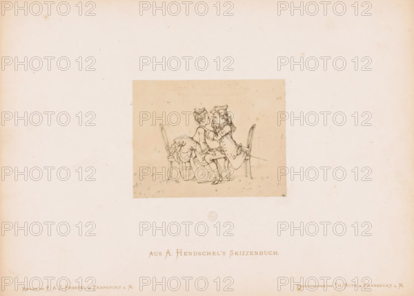 Photo reproduction of a sketch of two children reenacting a visit to the eye doctor, by Albert Hendschel, Aus A. Hendschel's Skizzenbuch, photograph, reproduction, This photo is part of a cover with 50 photos on 48 sheets, a list of illustrations and a title page., number: '35', monogram: 'AH', photographer: Theodor Huth, after design by Albert Hendschel, publisher: Ferdinand August Christian Prestel, Frankfurt am Main, c. 1865 - in or before c. 1870, Theodor Huth, Albert Hendschel, Ferdinand August Christian Prestel, photographer, after design by, publisher, Hessen, paper, albumen print, albumendruk, height 88 mm x width 113 mm, children's games and plays, child (two persons), A small sepia-toned sketch centered on a large cream background shows two seated figures facing each other on simple chairs; one appears in a dress with layered skirts and bows, the other in a long coat and a hat with a ribbon, leaning forward and holding something small up between them, with delicate linework i...