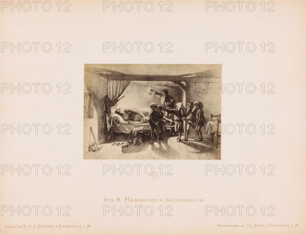 Photo reproduction of a sketch of Snow White and the Seven Dwarfs by Albert Hendschel, Aus A. Hendschel's Skizzenbuch, photograph, reproduction, This photo is part of a cover with 50 photos on 48 sheets, a list of images and a title page., number: '41', monogram: 'AH', photographer: Theodor Huth, after design by Albert Hendschel, publisher: Ferdinand August Christian Prestel, Frankfurt am Main, c. 1865 - in or before c. 1870, Theodor Huth, Albert Hendschel, Ferdinand August Christian Prestel, photographer, after design by, publisher, Hessen, paper, albumen print, albumendruk, height 92 mm x width 132 mm, sleeping in bed, tales and fairy tales: Sleeping Beauty, A rectangular sepia-toned illustration centered on a pale background shows an interior scene with a bed against the left wall draped with a curtain and a reclining person on the mattress. A group of figures stands near the foot of the bed, with one figure holding a small lamp raised above the others. The floor shows scattered clo...