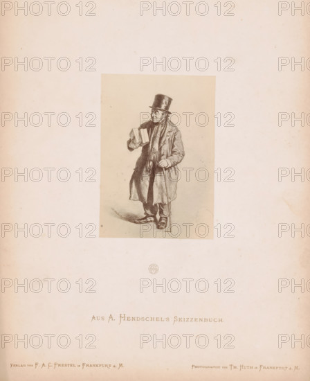 Photo reproduction of a sketch of a soap salesman by Albert Hendschel, From A. Hendschel's Skizzenbuch, photograph, reproduction, This photo is part of a cover with 50 photos on 48 sheets, a list of images and a title page., number: '44', monogram: 'AH', photographer: Theodor Huth, after design by Albert Hendschel, publisher: Ferdinand August Christian Prestel, Frankfurt am Main, c. 1865 - in or before c. 1870, Theodor Huth, Albert Hendschel, Ferdinand August Christian Prestel, photographer, after design by, publisher, Hessen, paper, albumen print, height 120 mm x width 83 mm, merchant, salesman, soap, A sepia-toned drawing of an older man wearing a tall hat and a long coat, standing on a blank background and holding rectangular objects in one hand while leaning on a cane with the other, his clothing showing folds and a scarf around his neck, positioned on a smaller rectangular sheet centered within a larger pale page that has a small circular emblem below the drawing.