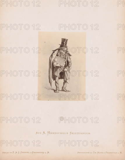 Photo reproduction of a sketch of a rabbi by Albert Hendschel, From A. Hendschel's Sketchbook, photograph, reproduction, This photo is part of a cover with 50 photos on 48 sheets, a list of images and a title page., monogram: 'AH', number: '45', photographer: Theodor Huth, after design by Albert Hendschel, publisher: Ferdinand August Christian Prestel, Frankfurt am Main, c. 1865 - in or before c. 1870, Theodor Huth, Albert Hendschel, Ferdinand August Christian Prestel, photographer, after design by, publisher, Hesse, paper, albumen print, height 122 mm x width 84 mm, rabbi, A sepia-toned illustration of an older man standing, wearing a tall top hat, spectacles, a long overcoat draped over his shoulders, and layered clothing beneath, holding a rectangular book or portfolio against his chest with one hand while the other hand rests near his waist; the figure is centered on a lighter rectangular panel set against a large pale background with small blemishes and a faint circular mark below...