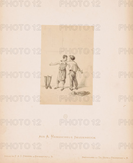 Photo reproduction of a sketch of two quarreling boys by Albert Hendschel, Aus A. Hendschel's Skizzenbuch, photograph, reproduction, This photo is part of a cover with 50 photos on 48 sheets, a list of images and a title page., monogram: 'AH', number: '48', photographer: Theodor Huth, after design by Albert Hendschel, publisher: Ferdinand August Christian Prestel, Frankfurt am Main, c. 1865 - in or before c. 1870, Theodor Huth, Albert Hendschel, Ferdinand August Christian Prestel, photographer, after design by, publisher, Hessen, paper, albumen print, height 135 mm x width 90 mm, fist-fight, boy (child between toddler and youth) (two persons), A narrow vertical rectangular drawing shows two young boys standing facing each other, both wearing loose shirts and trousers with bare feet, one boy extending an arm outward while the other mirrors the gesture; near them on the ground are a pair of tall boots standing upright and a hat and bundle lying beside each other, with a faint wall and a ...