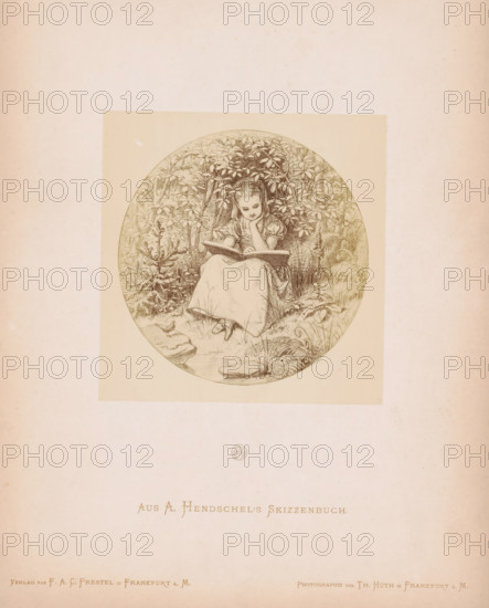 Photo reproduction of a sketch of a girl reading a book, by Albert Hendschel, Aus A. Hendschel's Skizzenbuch, photograph, reproduction, This photo is part of a cover with 50 photos on 48 sheets, a list of images and a title page., number: '49', monogram: 'AH', photographer: Theodor Huth, after design by Albert Hendschel, publisher: Ferdinand August Christian Prestel, Frankfurt am Main, c. 1865 - in or before c. 1870, Theodor Huth, Albert Hendschel, Ferdinand August Christian Prestel, photographer, after design by, publisher, Hessen, paper, albumen print, albumendruk, height 134 mm x width 131 mm, reading, girl (child between toddler and youth), A circular pencil illustration centered on a rectangular sheet shows a young girl seated on a grassy bank surrounded by dense foliage and plants; she wears a simple dress and has one hand resting under her chin while the other holds open a book on her lap, with her head tilted slightly downward; detailed leaves, stems, and ferns frame the scene ...