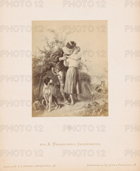 Photo reproduction of a sketch of a hunter and his beloved by Albert Hendschel, Aus A. Hendschel's Skizzenbuch, photograph, reproduction, This photo is part of a cover with 50 photos on 48 sheets, a list of images and a title page., monogram: 'AH', number: '5', photographer: Theodor Huth, after design by Albert Hendschel, publisher: Ferdinand August Christian Prestel, Frankfurt am Main, c. 1865 - in or before c. 1870, Theodor Huth, Albert Hendschel, Ferdinand August Christian Prestel, photographer, after design by, publisher, Hessen, paper, albumen print, albumendruk, height 154 mm x width 122 mm, couple of lovers, hunter, A sepia-toned illustration centered on a light background shows a young man and woman standing close together amid foliage, the man leaning in toward the woman's face while holding her arms, the woman looking upward with a turned head and wearing a simple dress and bare feet, the man in period clothing with a hat and boots and a horn at his side, a seated dog in the ...