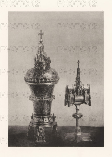 Gilded silver vase and a monstrance, displayed at an exhibition on religious objects from the Middle Ages and Renaissance in 1864 in Mechelen, page, photomechanical print, number: '-37', number: '50 . 51', number: '50 - 51', photographer: Joseph Maes, Mechelen, cliché maker: Simonau & Toovey, Antwerp, 1864 - in or before 1866, paper, photolithography, height 242 mm x width 172 mm, vessels and utensils used in the church, relics (and reliquaries), Period, 1864, A photograph of two ornate metal objects on stands against a plain backdrop, the object on the left is larger with a rounded top topped by a miniature architectural crown and a cross, its surface covered in engraved decorative motifs and beaded borders, the body narrowing into a flared base with chains and pendants hanging from a lower band, while the object on the right is smaller with a rectangular, cathedral-like structure featuring pointed spires and arched details mounted on a slender column and a multi-sided base.