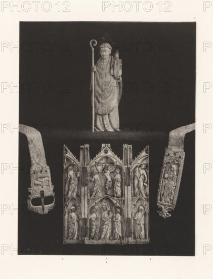 Triptych of ivory with scenes from the New Testament and three other religious objects of ivory, displayed at an exhibition on religious objects from the Middle Ages and Renaissance in 1864 in Mechelen, page, photomechanical print, number: '-4', number: '5. 6. 7.', number: '6 - 7 - 6, 5', photographer: Joseph Maes, Mechelen, clichémaker: Simonau & Toovey, 1864 - in or before 1866, paper, photolithography, height 210 mm x width 160 mm, New Testament, piece of sculpture, reproduction of a piece of sculpture (bone, ivory, arts), Period, 1864, A tall carved figure of a robed person holding a staff in one hand and a small model of a building in the other stands against a dark rectangular background near the top center of the image, below which a hinged multi-paneled carved altarpiece with pointed arches and numerous standing human figures in robes is visible, flanked by two elongated carved straps or fittings with decorative relief figures and ornate motifs on a dark field.