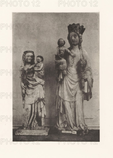 Sculpture of alabaster and a sculpture of marble of Mary with child, displayed at an exhibition of religious objects from the Middle Ages and Renaissance in 1864 in Mechelen, page, photomechanical print, number: '-7', number: '11 - 10', number: '10.11', photographer: Joseph Maes, Mechelen, clichémaker: Simonau & Toovey, 1864 - in or before 1866, paper, photolithography, height 232 mm x width 155 mm, Mary standing (or half-length), the Christ-child sitting on her arm (Christ-child to Mary's left), piece of sculpture, reproduction of a piece of sculpture (stone, arts), Mechelen (lordship), Period, 1864, A grayscale photograph shows two tall carved statues standing on rectangular bases against a plain backdrop. The statue on the left depicts a robed female figure holding a small child on her left arm; the woman's head is covered by a draped headdress and her clothing has visible folds and patterns, while the child is depicted with short curly hair and a wrapped garment. The statue on the ...