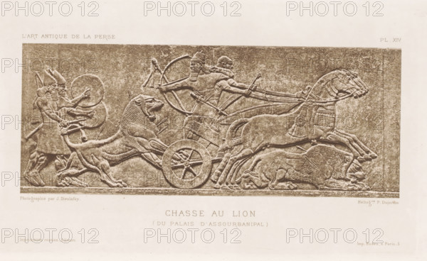 Relief of a lion hunt at the palace of Assurbanipal in Babylon, Chasse au Lion (du Palais d'Assourbanipal), L'Art Antique de la Perse, photomechanical print, This print is part of a cover with twenty prints on seventeen sheets and fifteen text sheets., number: 'PL. XIV', inscription: 'Imprimeries réunies_Editeurs. Imp. Eudes, à Paris_3.', photographer: Jane Dieulafoy, Babylon, clichémaker: Paul Dujardin, printer (person): Imprimerie Eudes, Paris, c. 1880 - in or before 1885, Jane Dieulafoy, Paul Dujardin, Imprimerie Eudes, photographer, cliché maker, printer (person), paper, photoaquatint, height 106 mm x width 266 mm, lion hunt, sculpture (relief, sculpture), A rectangular stone relief panel depicting a procession scene with a chariot drawn by two galloping horses at the right, a standing charioteer leaning forward holding reins and a bow, an attendant beside him also holding a bow, a large snarling lion beneath and slightly ahead of the chariot, a second large lion leaping toward the...