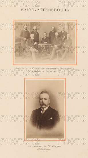 Group portrait of the members of the commission and a portrait of the president of the International Penitentiary Congress of 1890 in Saint Petersburg, Russia, Membres de la Commission pénitentiaire international. (Conférence de Berne, 1886), Le Président du IVe Congrès pénitentiaire, Saint-Pétersbourg, photograph, page, Saint-Petersburg, 1890-06 - 1890-07, photographer, Leningradskaya, paper, albumen print, albumendruk, height 343 mm x width 270 mm, historical persons, anonymous historical persons depicted in a group, in a group-portrait, Saint Petersburg, A cream-colored page showing two framed sepia photographs with thin decorative borders. The upper photograph depicts a group of men arranged around an ornate table in a studio setting, several sitting on upholstered chairs and others standing behind, all wearing dark formal suits and facial hair of varying styles; the background includes patterned drapery and studio props. The lower photograph is a portrait of a single man shown fro...