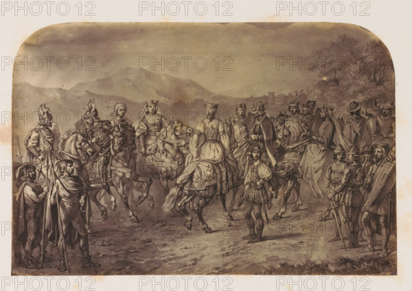 Photo reproduction of a print of an army of Germans, photograph, reproduction, page, after print by anonymous, c. 1856 - in or before 1861, photographer, after print by, paper, albumen print, height 139 mm x width 212 mm, army 'en route', extinct, 'historical' peoples: Teutons, A wide sepia-toned scene shows a large group of people and horses gathered on an open plain with distant hills and a tree line in the background; many figures wear historical clothing and armor, with several mounted on elaborately bridled horses and others standing with spears and cloaks; a few central figures on horseback wear crowns and veils, and a young person in decorative attire stands near the front; guards and soldiers in helmets form lines at the edges, and trees rise on the right side while the sky above is shaded and cloudy.