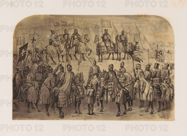 Photo reproduction of a print of the Third Crusade, photograph, reproduction, page, after print by anonymous, c. 1856 - in or before 1861, photographer, after print by, paper, albumen print, height 139 mm x width 212 mm, militant proselytizing: religious war, crusade, A detailed monochrome drawing shows a large group of armored figures on horseback gathered facing a small group of mounted leaders near a row of tents; many riders wear helmets and cloaks and some horses are draped in decorative coverings, while several figures hold tall banners and standards above the crowd. The central mounted figures wear more ornate garments and capes and sit on horses that stand slightly apart from the others, and the surrounding riders form a semicircle with varied armor styles and shields visible on their backs and horses. In the background a cluster of point-topped tents stretches across the scene and a few smaller human figures stand near the tents, with a faint suggestion of distant buildings on...