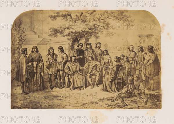 Photo reproduction of a print of the court of Lorenzo I de'Medici, photograph, reproduction, page, after print by anonymous, c. 1856 - in or before 1861, photographer, after print by, paper, albumen print, height 140 mm x width 212 mm, Person, Lorenzo de' Medici (I), family of a ruler, and court, A sepia-toned drawing shows a group of people gathered outdoors beneath a large tree and near architectural elements, including a low wall and a columned structure. Many figures wear historical clothing such as long robes, cloaks, doublets, and caps; some are seated on chairs while others stand or kneel. Two central seated figures face each other with one extending a hand toward the other. Nearby, a man in a robe reads from an open book while others look on. In the background a domed building and sculpted fountain are visible on the horizon. The ground in the foreground is textured with grass and dirt and a few scattered figures sit or recline at the edge of the scene. The image has rounded up...