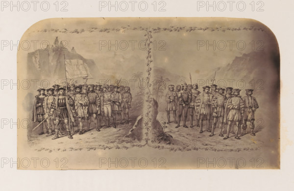 Photo reproduction of a print of Christopher Columbus and Vasco da Gama with their troops, photograph, reproduction, page, after print by anonymous, c. 1856 - in or before 1861, photographer, after print by, paper, albumen print, height 124 mm x width 214 mm, Person, Christopher Columbus, Vasco da Gama, land forces, exploration, expedition, voyage of discovery, A sepia-toned illustration shows two groups of men in period clothing standing on either side of a vertical vine that climbs from the bottom to the top of the image, the vine intersecting a horizontal garland that runs across the top. The men wear doublets, capes, plumed hats, hose, and boots, and several hold spears or swords while one figure near the left holds a flag with a draped cloth. In the background there are faint mountainous forms and palm-like trees, and on the far left a rocky outcrop with small seated figures. The scene is framed by a wide faded border with rounded top corners and a narrow decorative vine pattern a...