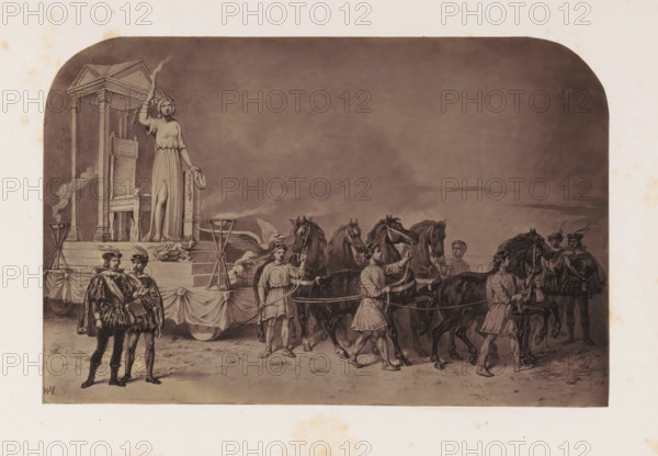 Photo reproduction of a print of an allegory on the origin of free thought, photograph, reproduction, page, after print by anonymous, c. 1856 - in or before 1861, photographer, after print by, paper, albumen print, height 139 mm x width 214 mm, 'Philosophia', 'Filosofia' (Ripa), A grayscale illustration shows a procession scene with a raised platform on the left topped by a small temple-like structure and a standing female figure holding a torch and a wreath, a chair visible under the structure and draped fabric around the platform; in front of the platform two men in period clothing converse while several young attendants lead a team of horses harnessed to a chariot, the attendants wearing simple tunics and holding reins, some horses shown in profile and others facing forward; further right, additional figures in feathered hats and cloaks stand near the horses, and the ground beneath all figures appears textured with faint marks.
