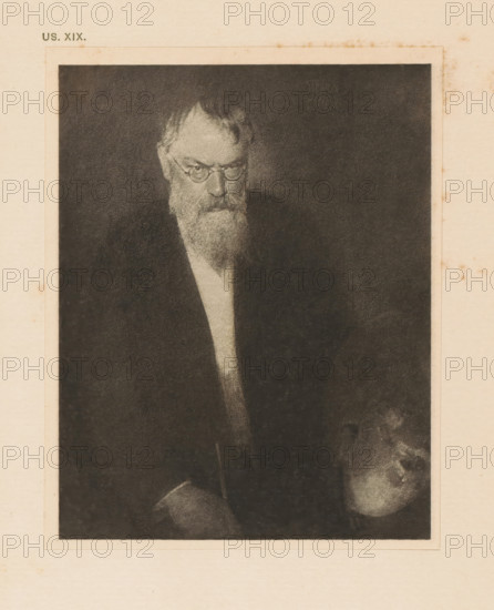 Portrait of Franz von Lenbach, page, photomechanical print, inscription: 'Portrait of Franz von Lenbach by Eduard J. Steichen', inscription: 'US. XIX.', photographer: Edward Steichen, cliché maker: anonymous, c. 1900 - in or before 1905, paper, photoaquatint, height 129 mm x width 101 mm, Person, Franz von Lenbach, historical persons, portrait, self-portrait of artist, A sepia-toned portrait of an older man with round glasses and a long beard, shown from the torso up against a dark background, wearing a dark jacket and a lighter shirt beneath; the image is framed by a lighter paper border with subtle stains and spotting around its edges.