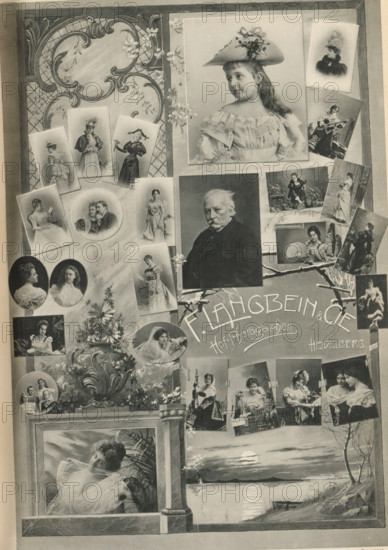 Collage of portraits of unknown men, women and children, page, photomechanical print, photographer: Langbein & Cie, F., Heidelberg, cliché maker: Johann Baptist Obernetter, Munich, publisher: Wilhelm Knapp, Halle an der Saale, c. 1895 - in or before 1900, Bavaria, Baden-Württemberg, Saxony-Anhalt, paper, collotype, photoprint, height 257 mm x width 177 mm, Print on third unnumbered page after page 44., historical persons, historical persons - BB - woman, child, A collage of sepia-toned photographs and illustrations arranged on a decorative background, featuring portrait photos of women and men in period clothing, a large central portrait of a young girl wearing a hat with floral adornment, a rectangular portrait of an older man with a mustache, several oval and rectangular vignette portraits, images of women posing with fans and musical instruments, a decorative floral vase illustration, ornamental scrollwork and lattice motifs, and a painted landscape at the bottom showing a body of w...