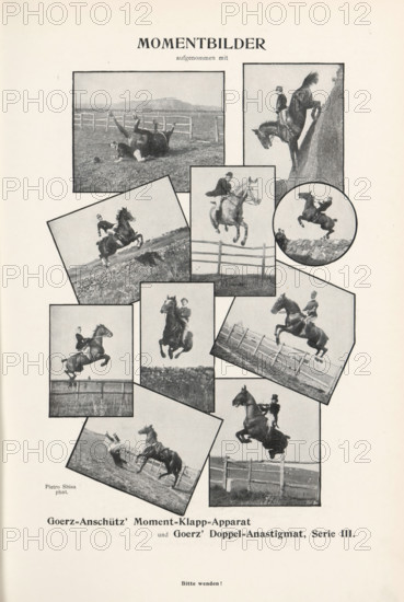 Collage of eight images of jumping horses with riders, page, photomechanical print, inscription: 'MOMENTBILDER, aufgenommen mit, Goerz-Anschütz' Moment=Klapp=Apparat, und Goerz' Doppel=Anastigmat, Serie III., Bitte wenden!', monogram: 'Bx', photographer: Pietro Sbisa, clichémaker: unknown, c. 1895 - in or before 1900, paper, autotype, height 201 mm x width 135 mm, Prints opposite page 72. These prints are part of an advertisement for Goerz, a manufacturer of cameras and lenses., jumping (horse in motion), A tall page showing a collage of black and white photographs arranged in various tilted rectangular and circular frames, each image depicting riders on horses in different jumping and riding poses, with some horses airborne over fences, some riders seated upright and others appearing mid-action, and one image showing a fallen horse and rider on the ground; the photographs are set against a light background with wide margins.