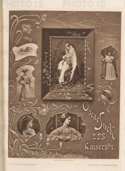 Collage of six portraits of unknown women and children, page, photomechanical print, inscription: ', Das Atelier des Photographen.'', photographer: Oscar Suck, Karlsruhe, cliché maker: Johann Baptist Obernetter, Munich, publisher: Wilhelm Knapp, Halle an der Saale, c. 1895 - in or before 1900, Oscar Suck, Johann Baptist Obernetter, Wilhelm Knapp, photographer, cliché maker, publisher, Bavaria, Baden-Württemberg, Saxony-Anhalt, paper, collotype, photoprint, height 212 mm x width 160 mm, historical persons - BB - woman, child, A sepia-toned decorative page showing multiple framed photographic portraits of women and children arranged within ornate floral and flowing Art Nouveau style borders, with a central large rectangular frame containing a seated woman draped in layered garments and a long scarf, smaller inset portraits of women in varied dresses and hairstyles positioned around the central image, stylized flowers and curving stems weaving throughout the composition, a vertical portra...