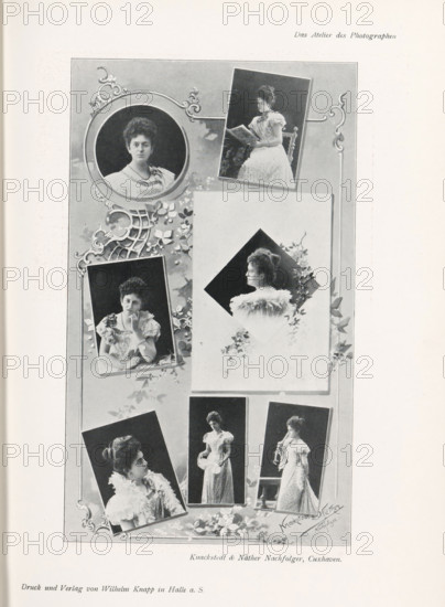 Collage of seven portraits of an unknown woman, page, photomechanical print, inscription: 'Das Atelier des Photographen.', monogram: 'LEIPZIG, S G', photographer: Knackstedt & Näther, Cuxhaven, cliché maker: unknown, Leipzig, printer (person): Wilhelm Knapp, Halle an der Saale, c. 1895 - in or before 1900, printer (person), Saxony-Anhalt, Saxony, paper, autotypie, height 202 mm x width 120 mm, historical persons - BB - woman, A vertical collage of black and white portrait photographs arranged on a decorative background, featuring a central circular framed head-and-shoulders portrait of a woman with short dark hair and a light blouse, surrounded by ornamental scrollwork and floral motifs, with several rectangular and tilted portraits of the same woman in various poses including a seated profile reading from a book, a three-quarter view with a feathered collar inside a diamond-shaped dark vignette, a seated thoughtful pose with one hand near her face, and two standing full-length views i...