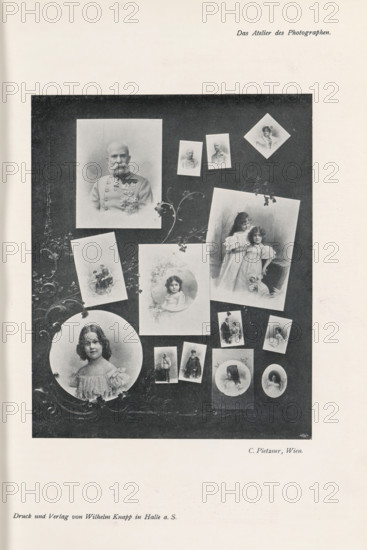 Collage of portraits of unknown men, women and children, page, photomechanical print, inscription: 'Das Atelier des Photographen.', photographer: Carl Pietzner, Vienna, cliché maker: Meisenbach, Riffarth & Cie., Berlin, printer (person): Wilhelm Knapp, Halle an der Saale, c. 1895 - in or before 1900, printer (person), Lower Austria, Saxony-Anhalt, paper, autotypie, height 162 mm x width 131 mm, historical persons, historical persons - BB - woman, child, A vertical sepia-toned page shows a dark rectangular panel filled with various photographic portraits arranged like a collage. At the top left of the panel is a large portrait of an older man with a mustache and a decorated uniform. Scattered around are smaller portraits including two young girls in light dresses standing together, a circular image of a young girl with curled hair in a frilly dress, a round portrait of another child within a delicate floral frame, and several small rectangular and oval portraits of children and adults i...