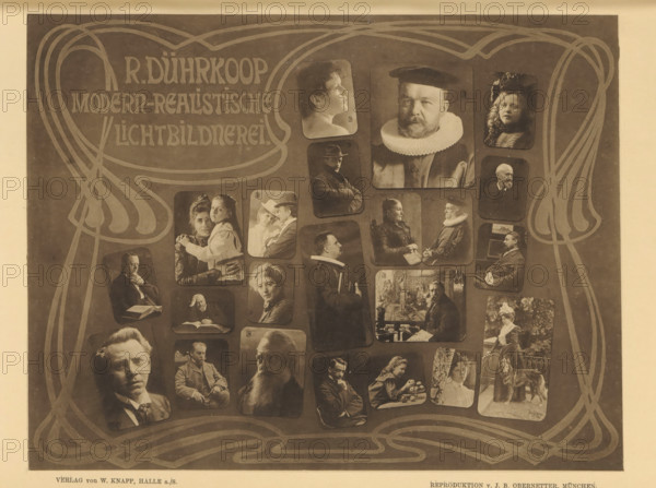 Collage of portraits of unknown men, women and children, page, photomechanical print, photographer: Rudolf Dührkoop, cliché maker: Johann Baptist Obernetter, Munich, publisher: Wilhelm Knapp, Halle an der Saale, c. 1895 - in or before 1900, Bavaria, Saxony-Anhalt, paper, collotype, photoprint, height 171 mm x width 222 mm, historical persons, historical persons - BB - woman, child, A dark rectangular poster with decorative curved line patterns around its edges contains many small sepia-toned portrait photographs arranged in a loose grid, including close-up headshots, three-quarter views, and seated figures; one larger central portrait shows a bearded man wearing a rounded collar and a cap, and other portraits show men and women in period clothing, some with hats, some holding objects like books or posed with children, and one image near the lower right shows a woman standing outdoors beside a dog.